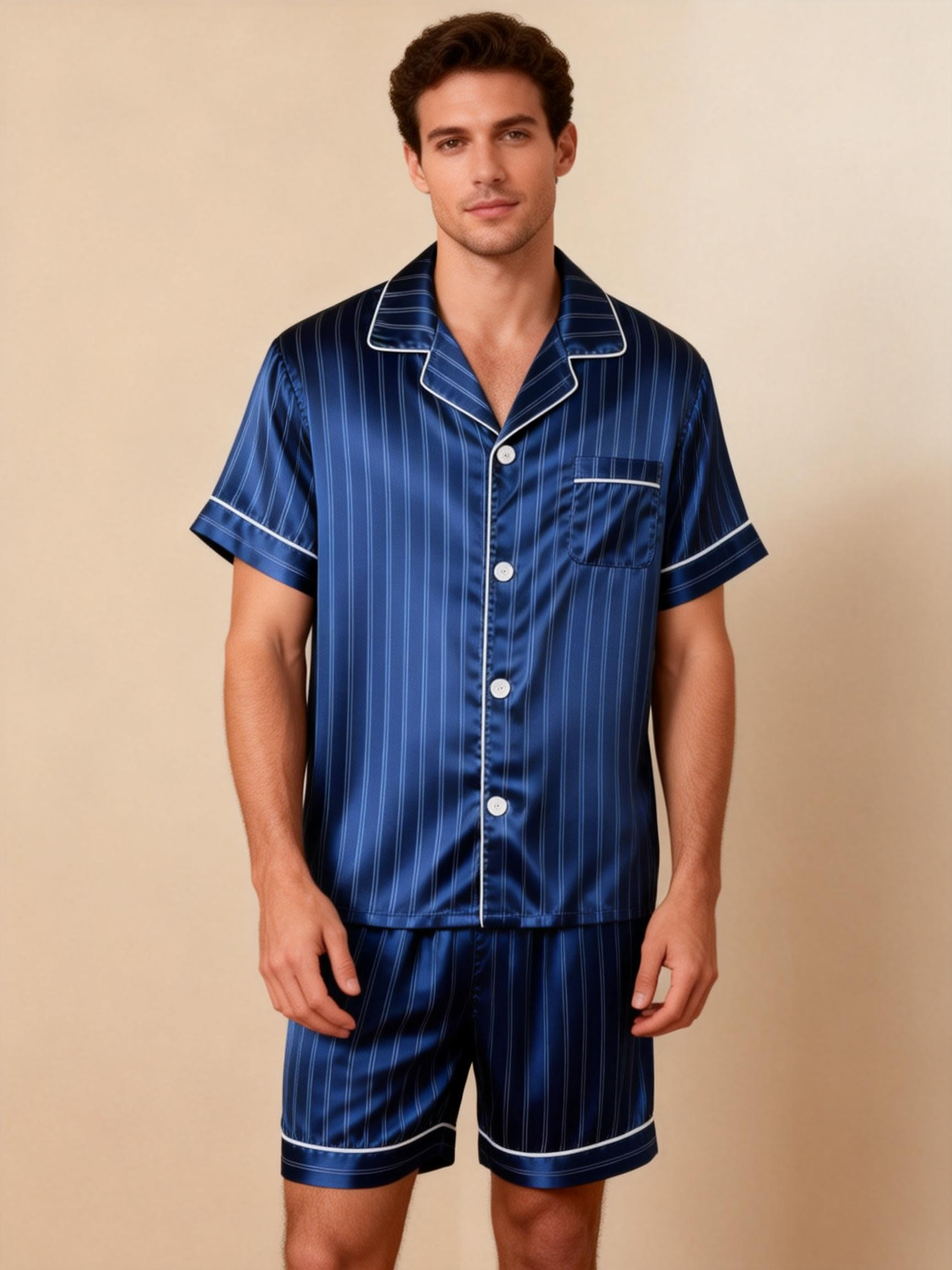 Silky Satin Striped Printed Sleep Set for Men-Dark Green