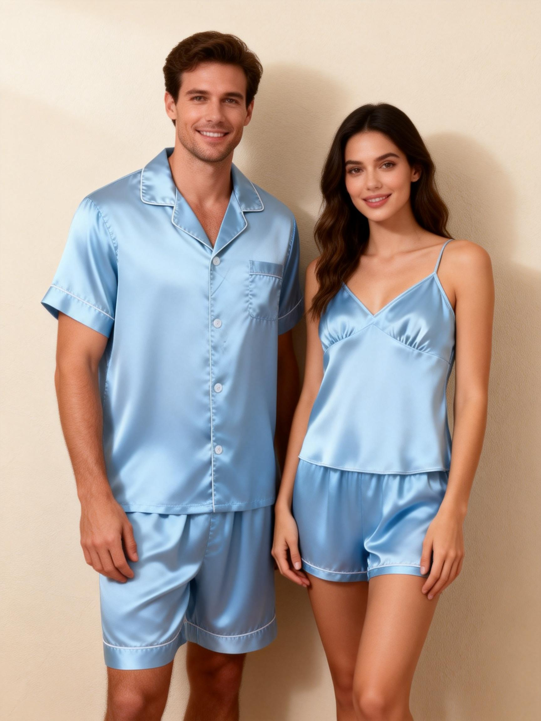 Silky Satin Solid Sleep Set for Couples-Oecan