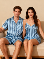 Silky Classic Striped Printed Couple Sleepwear ¨C Navy Satin Short Pajama Set