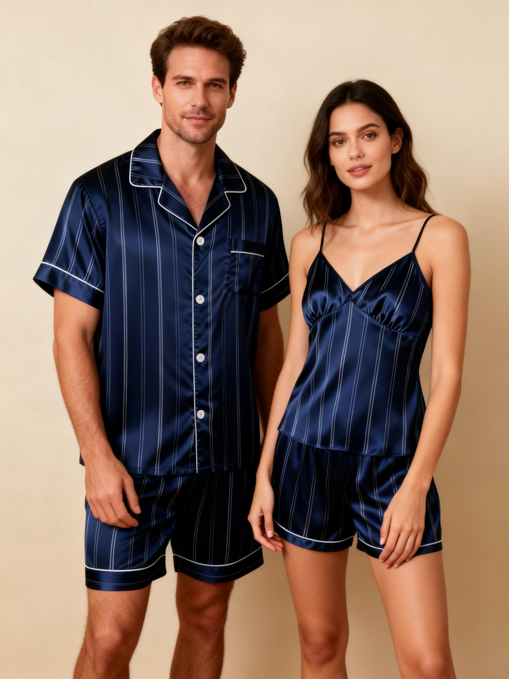 Silky Satin Striped Printed Sleep Set for Couples-Brown