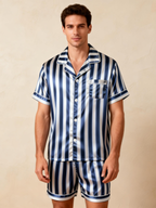 Silky Classic Striped Printed Satin Short Pajama Set-Beige