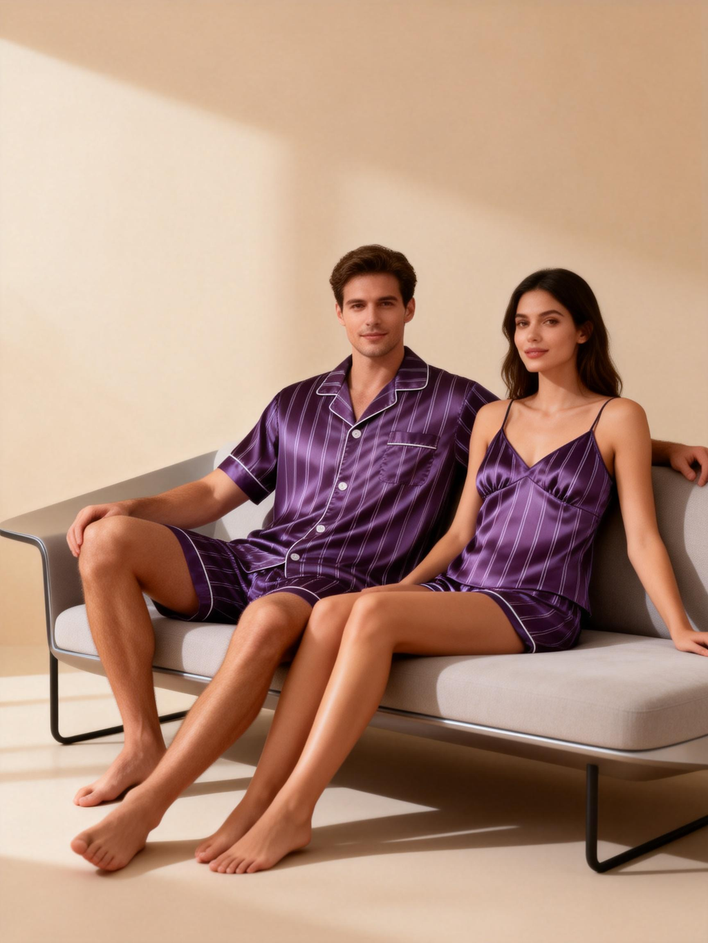 Silky Satin Striped Printed Sleep Set for Couples-Purple
