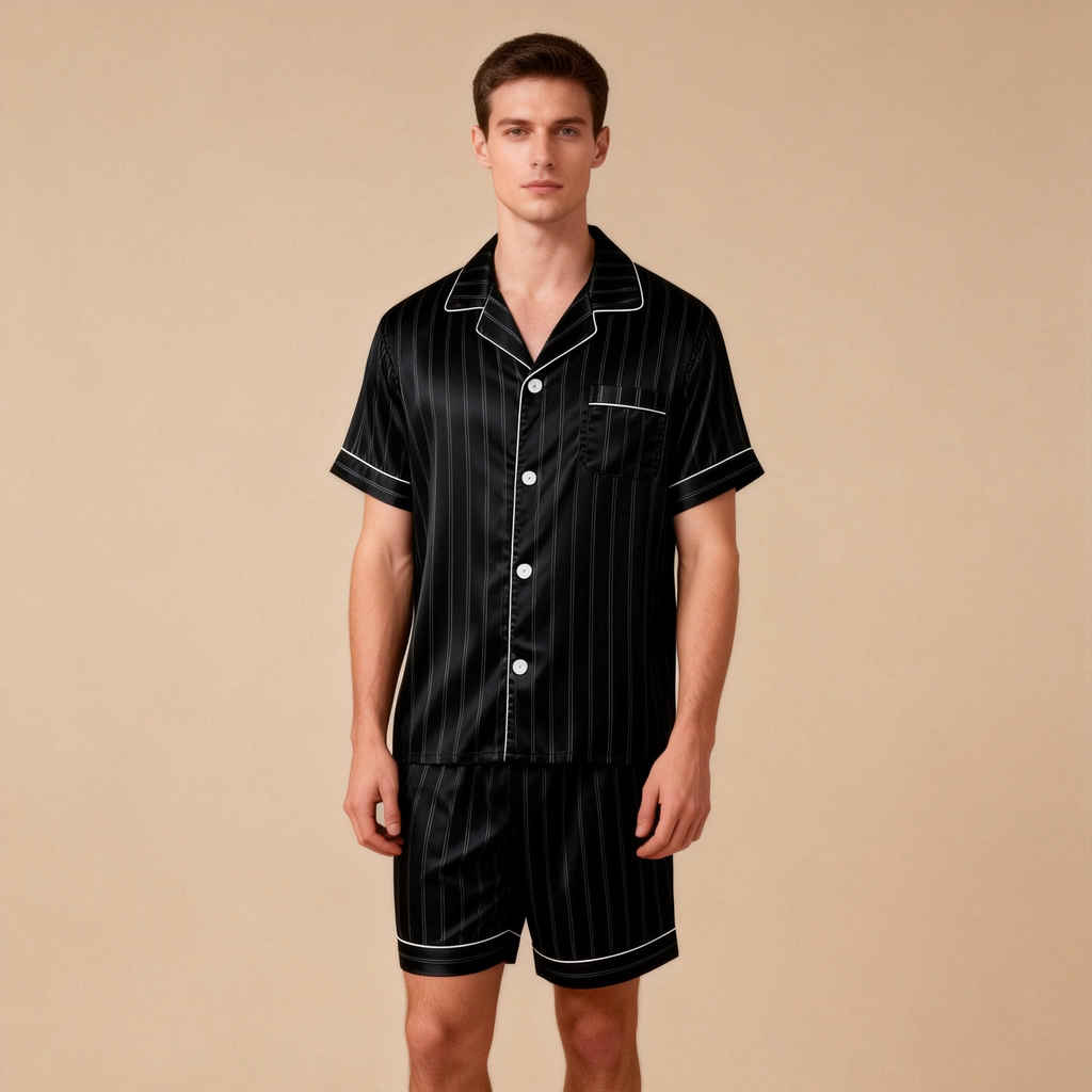 Silky Satin Striped Printed Sleep Set for Men-Purple