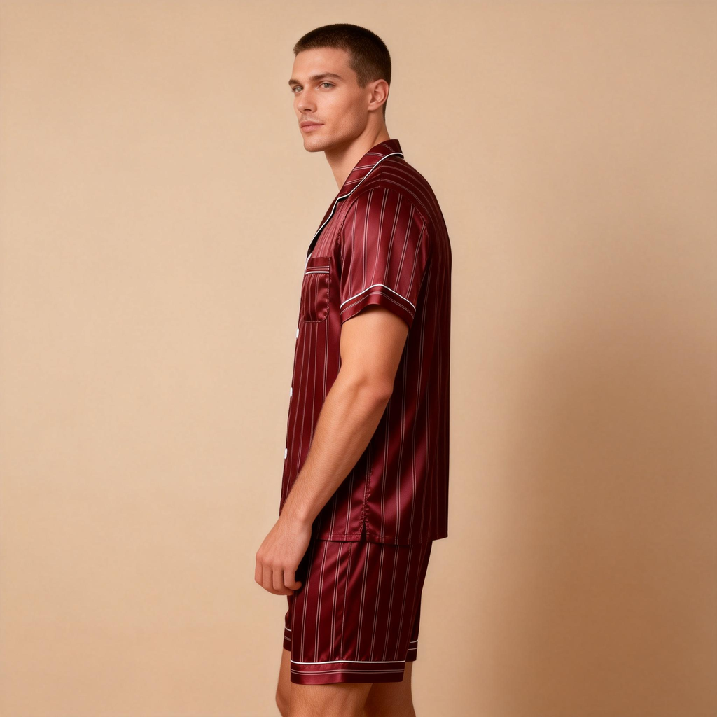 Silky Satin Striped Printed Sleep Set for Men-Dark Green