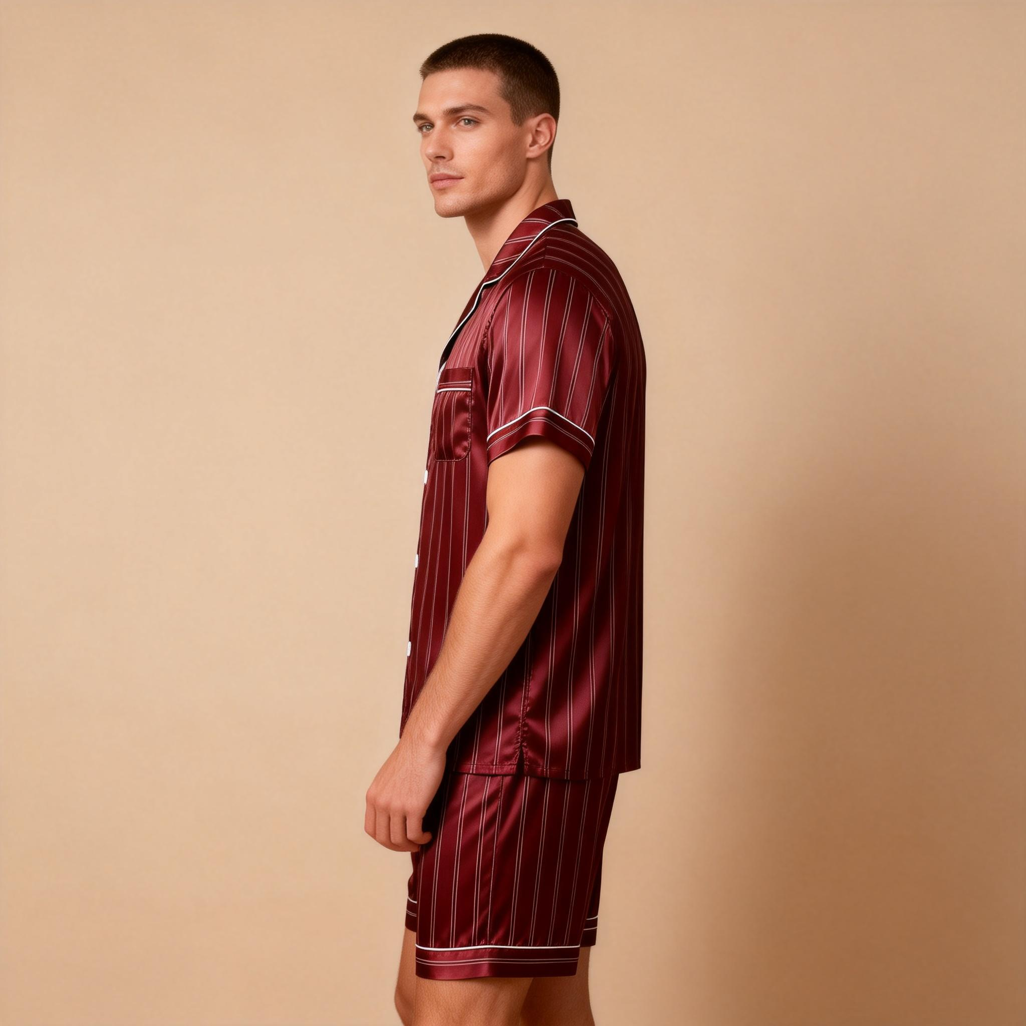Silky Satin Striped Printed Sleep Set for Men-Dark Green