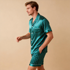 Silky Satin Striped Printed Sleep Set for Men-Purple