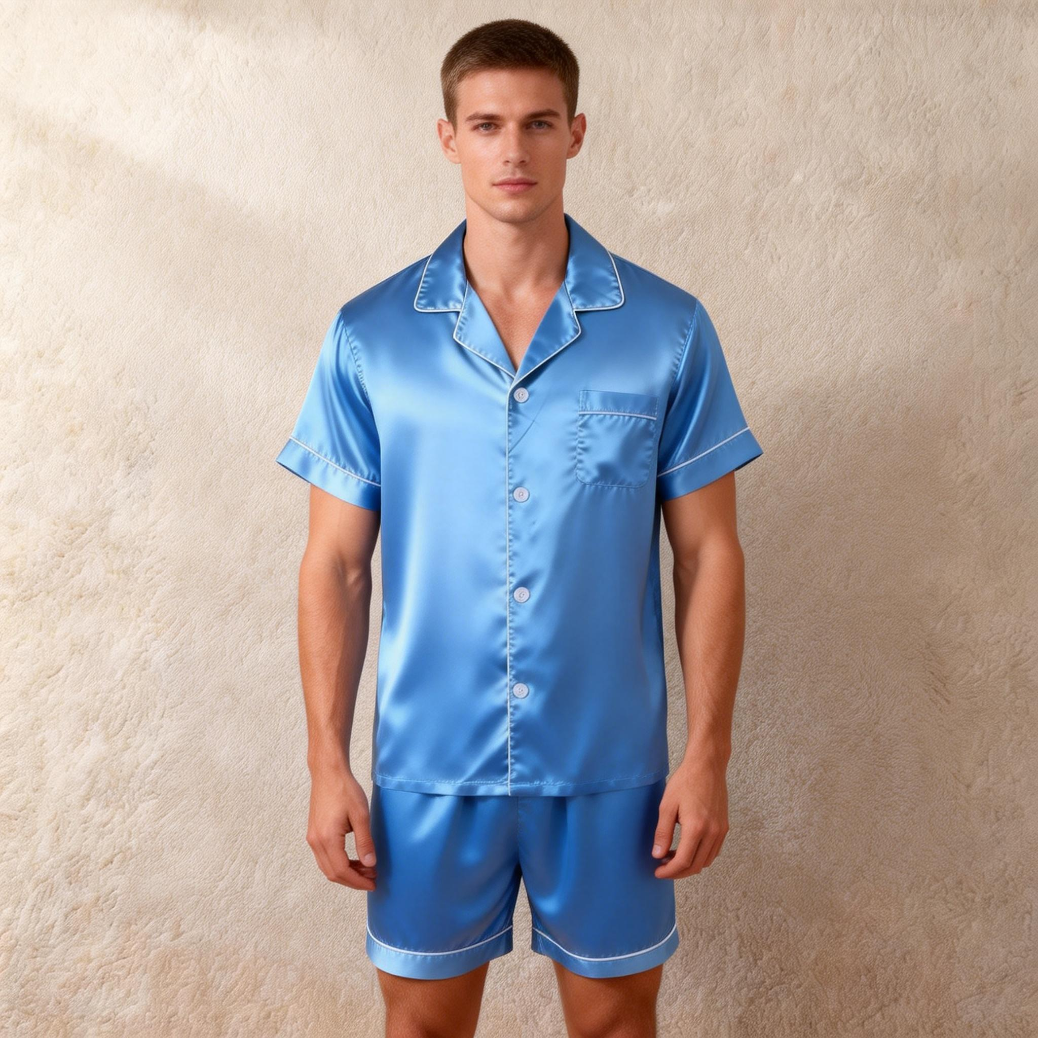 Silky Satin Solid Sleep Set for Men-Teal