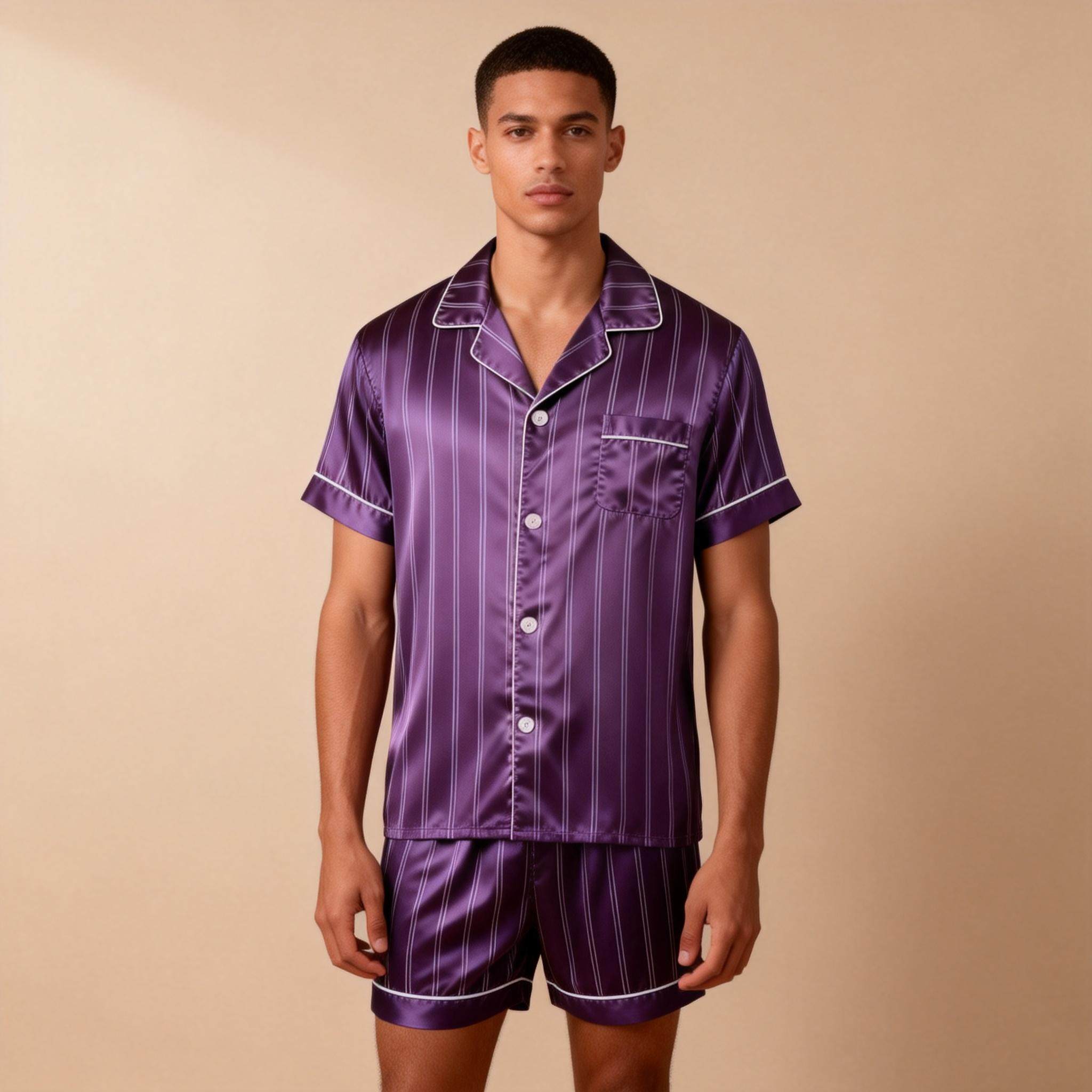 Silky Satin Striped Printed Sleep Set for Men-Dark Green