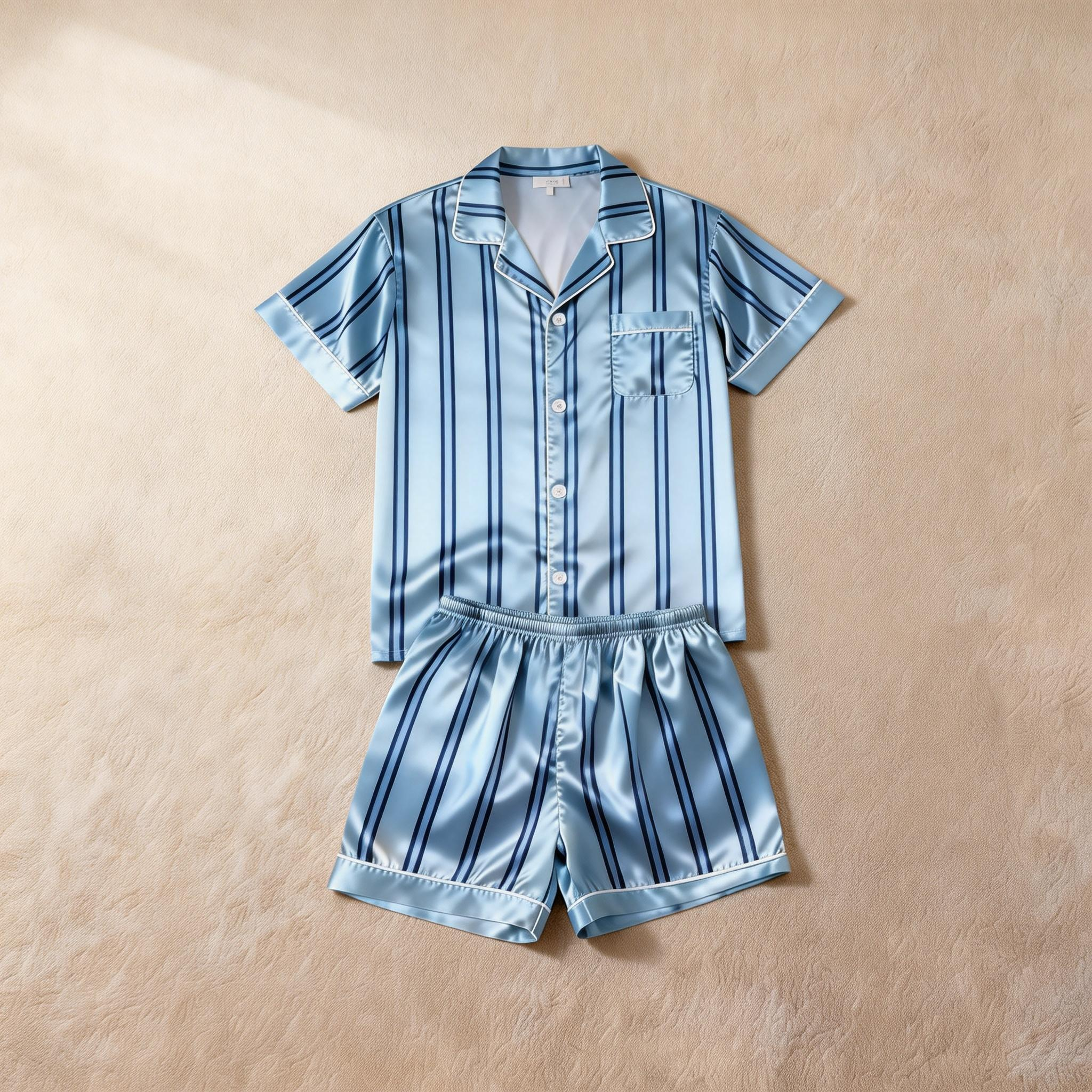 Silky Classic Striped Printed Men Sleepwear Satin Short Pajama Set