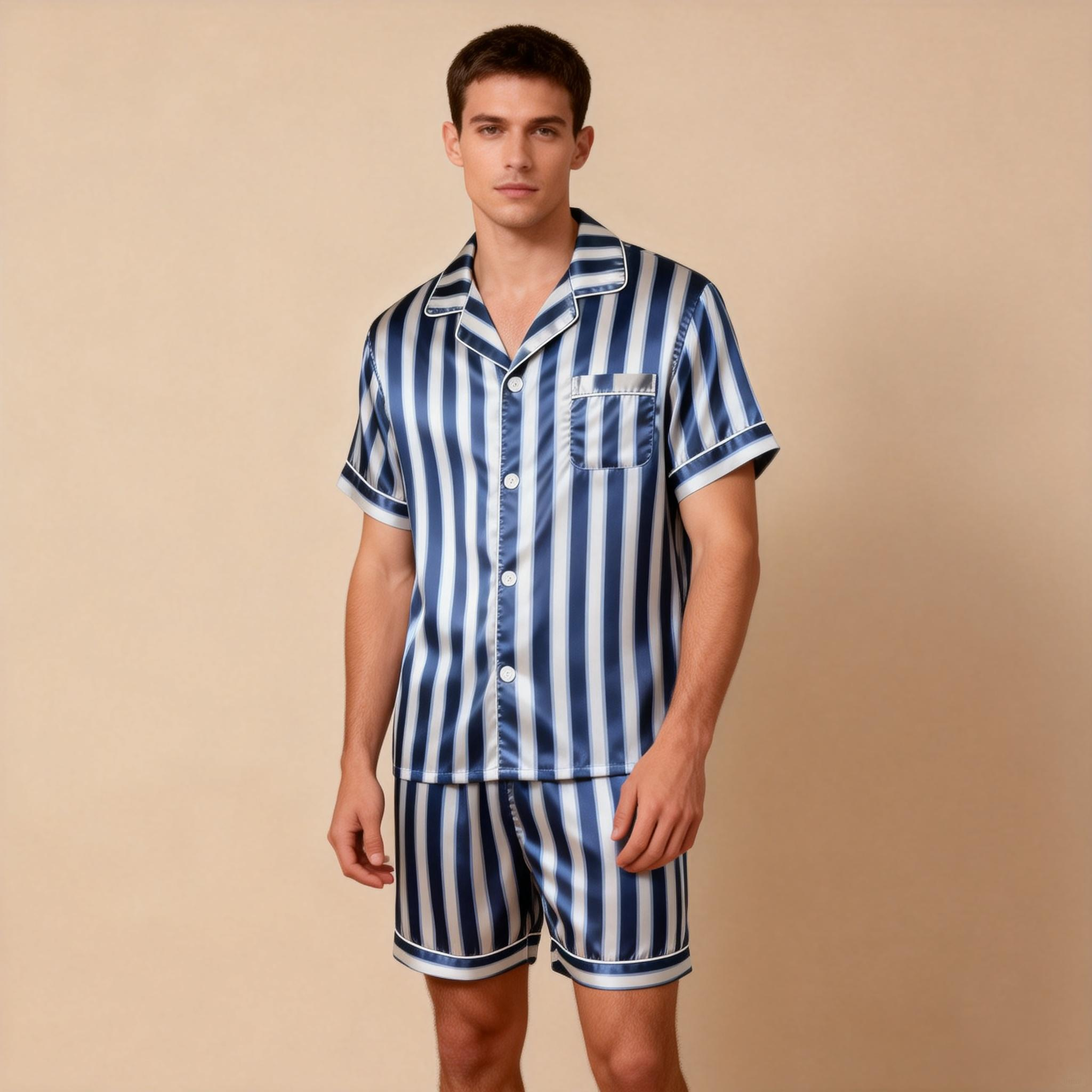 Silky Classic Striped Printed Satin Short Pajama Set-Beige