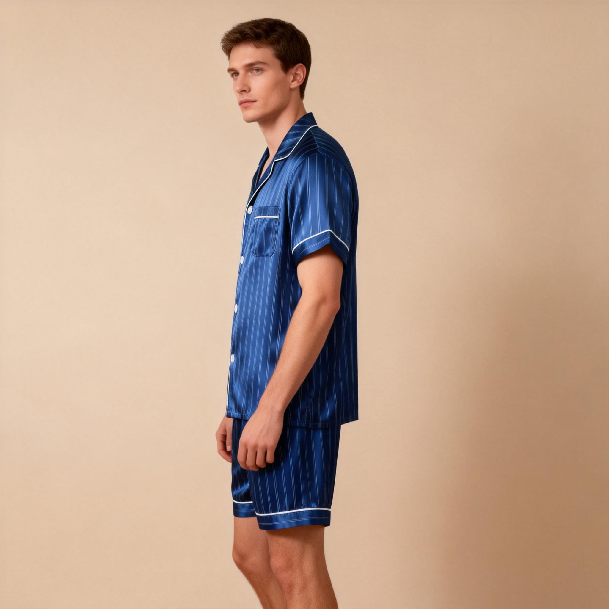Silky Satin Striped Printed Sleep Set for Men-Royal