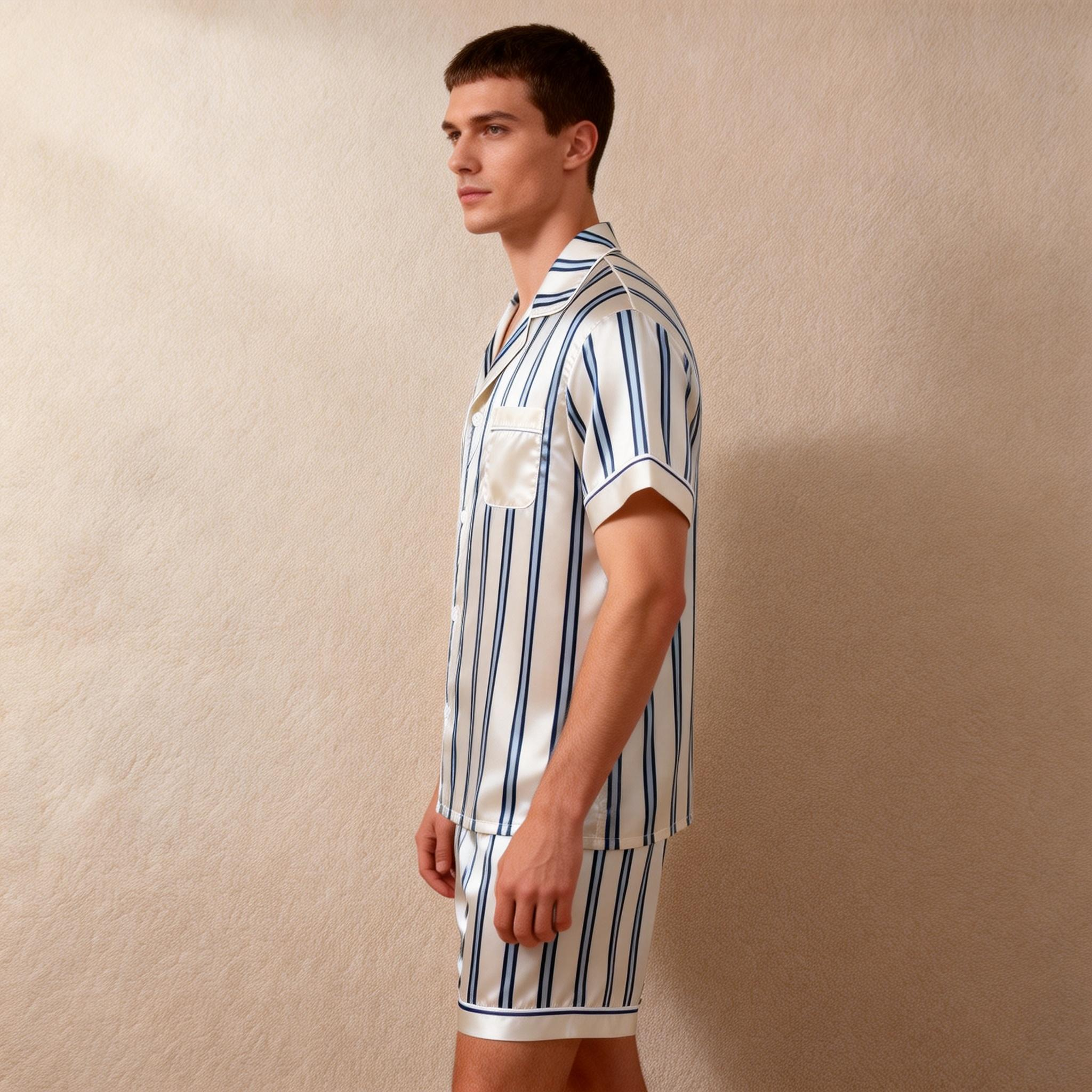 Silky Classic Striped Printed Satin Short Pajama Set-Navy