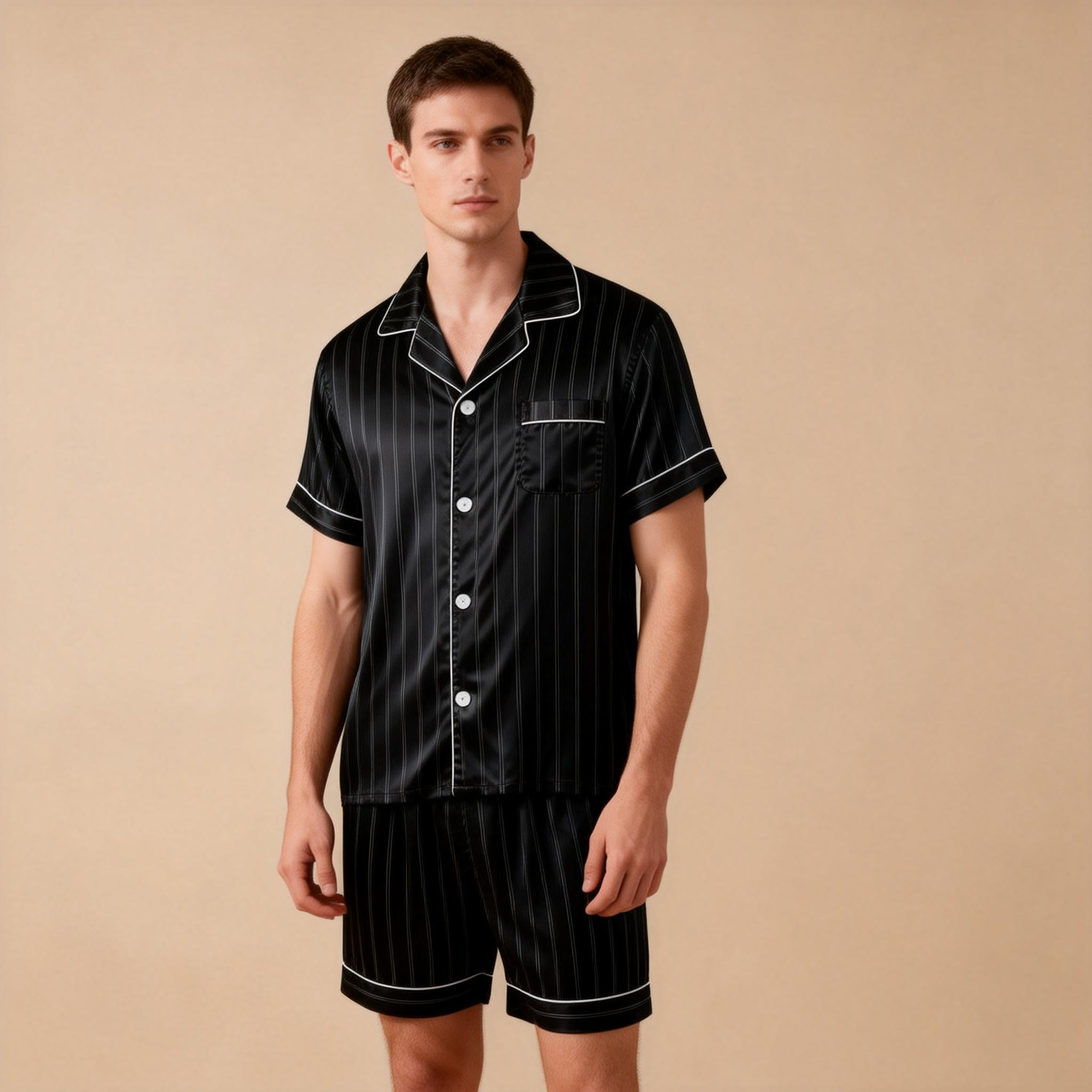 Silky Satin Striped Printed Sleep Set for Men-Purple
