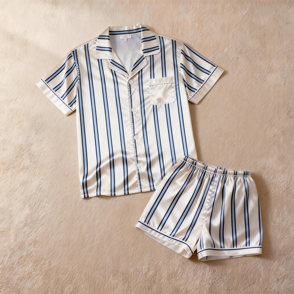 Silky Classic Striped Printed Satin Short Pajama Set-Navy
