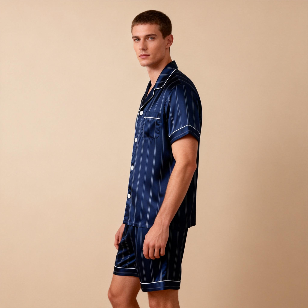Silky Satin Striped Printed Sleep Set for Men-Royal