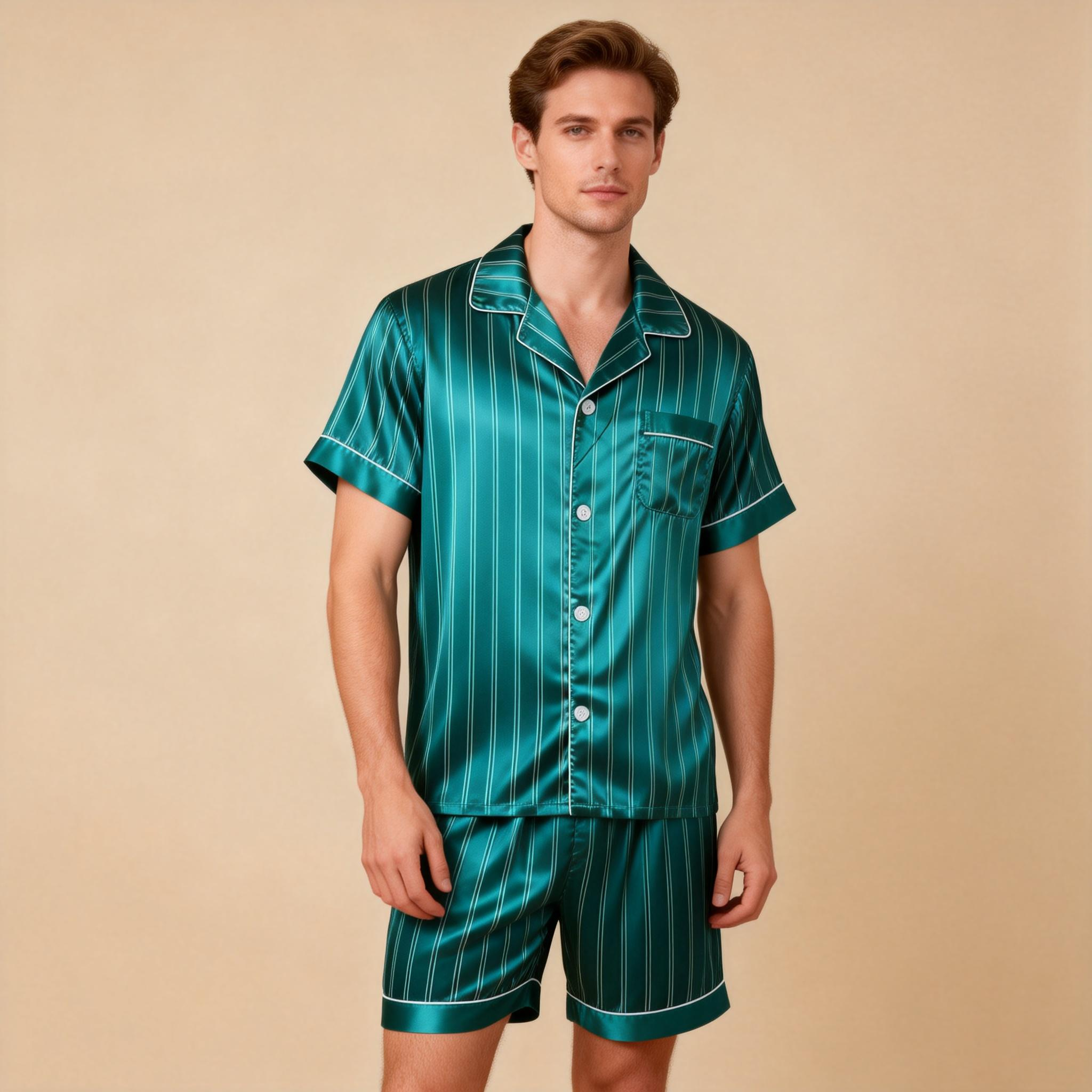 Silky Satin Striped Printed Sleep Set for Men-Dark Green