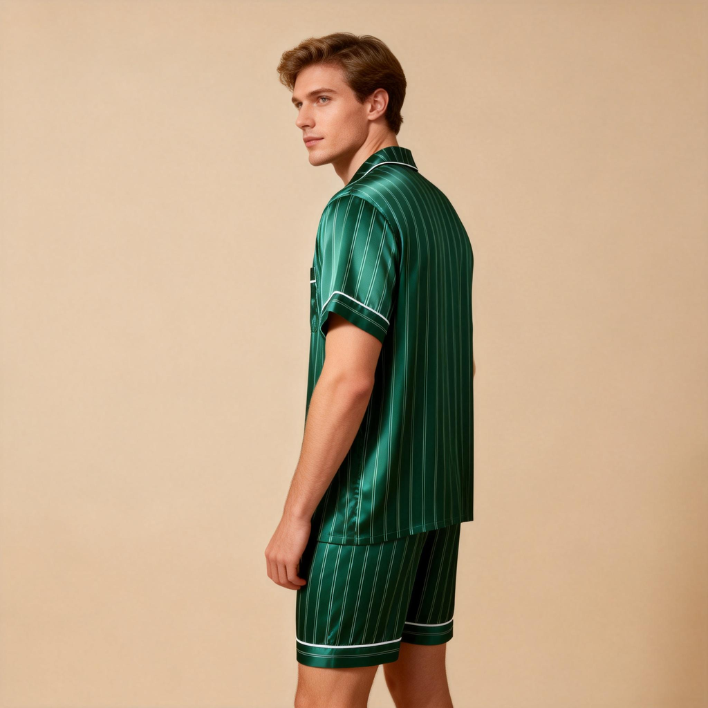 Silky Satin Striped Printed Sleep Set for Men-Dark Green