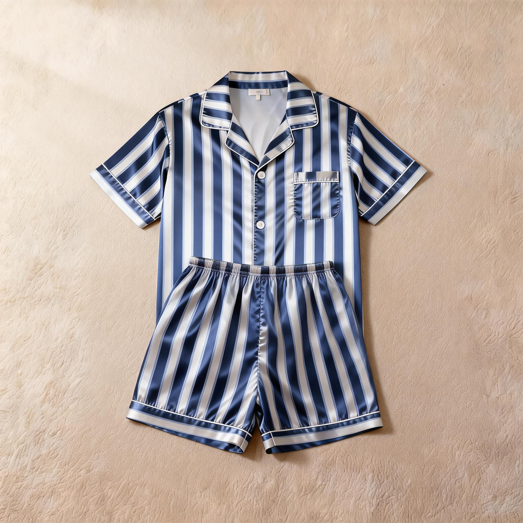 Silky Classic Striped Printed Satin Short Pajama Set-Beige