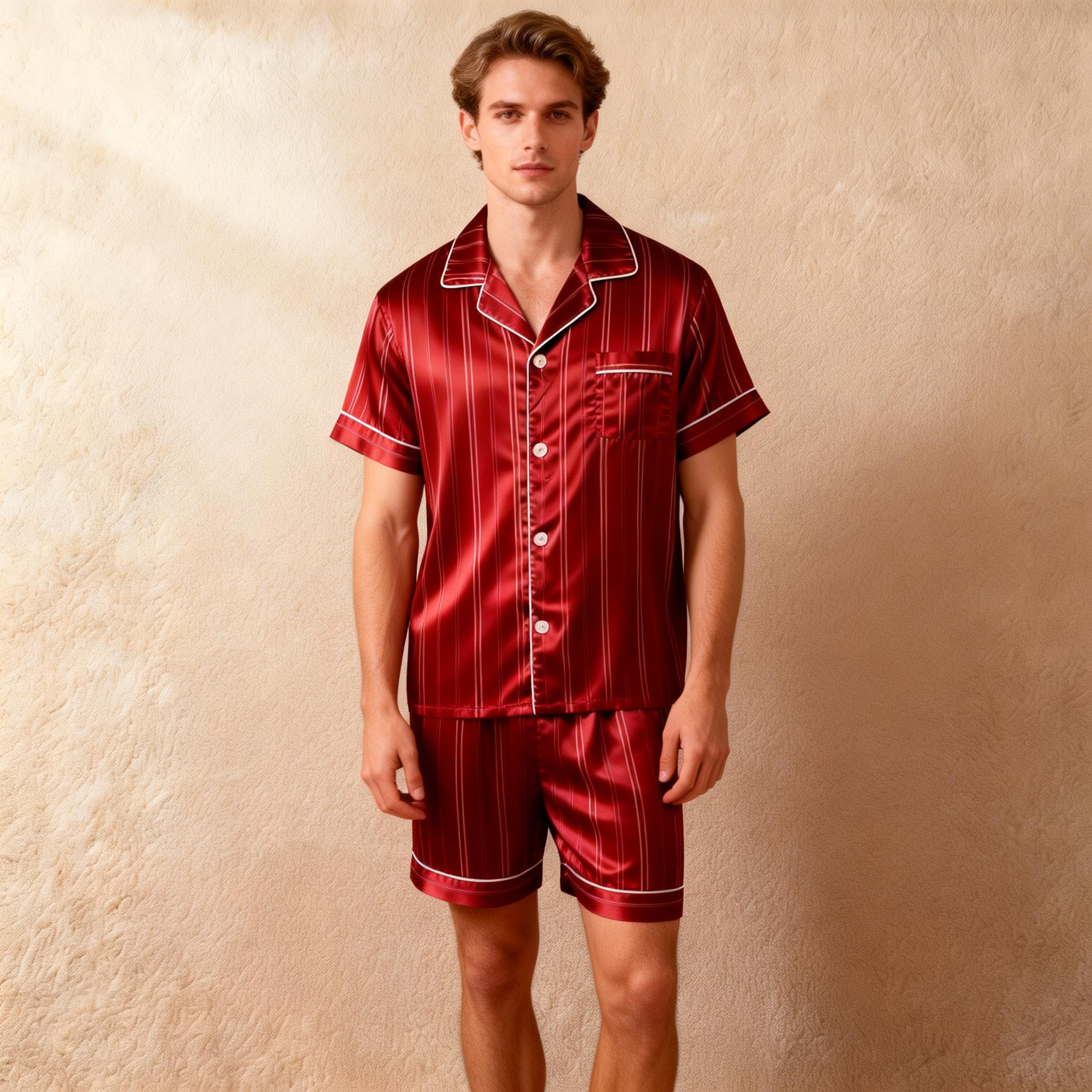 Silky Satin Striped Printed Sleep Set for Men-Royal