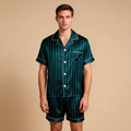 Silky Satin Striped Printed Sleep Set for Men-Dark Green