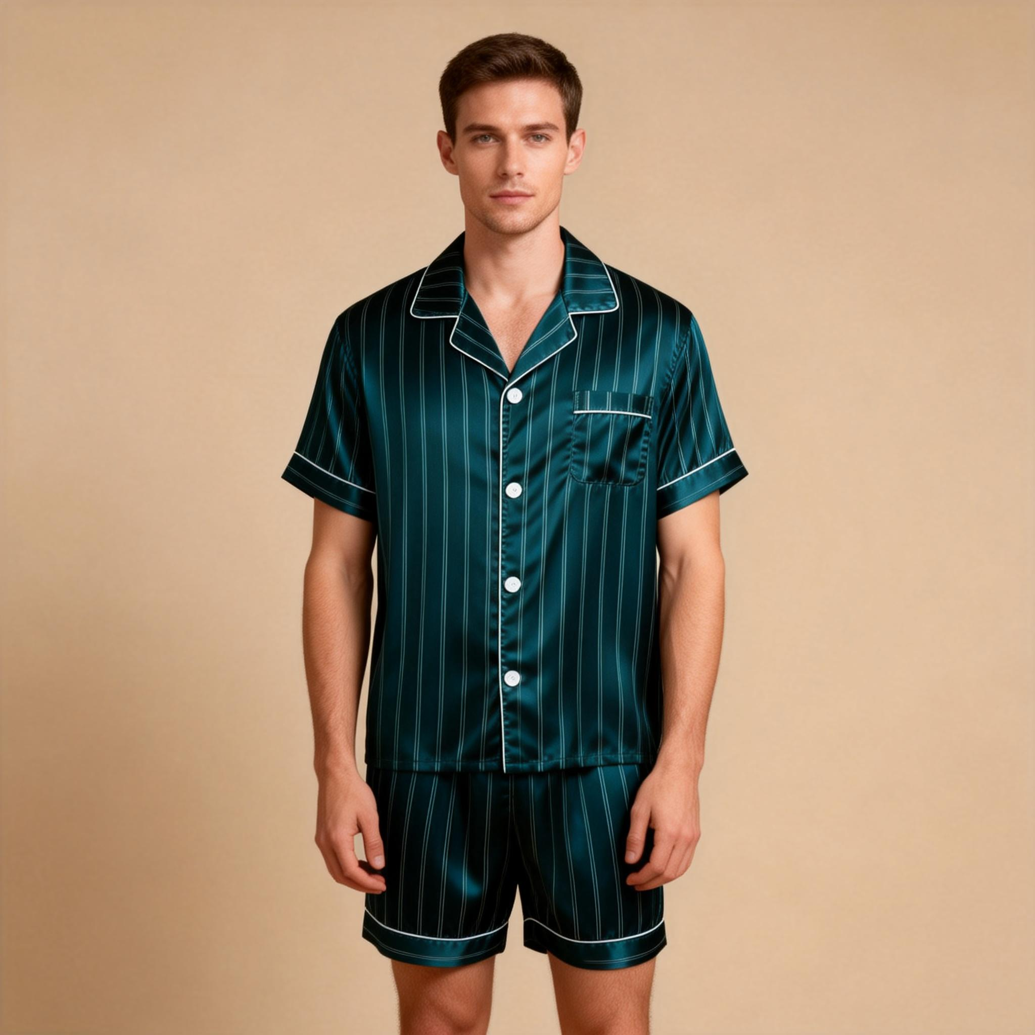 Silky Satin Striped Printed Sleep Set for Men-Dark Green