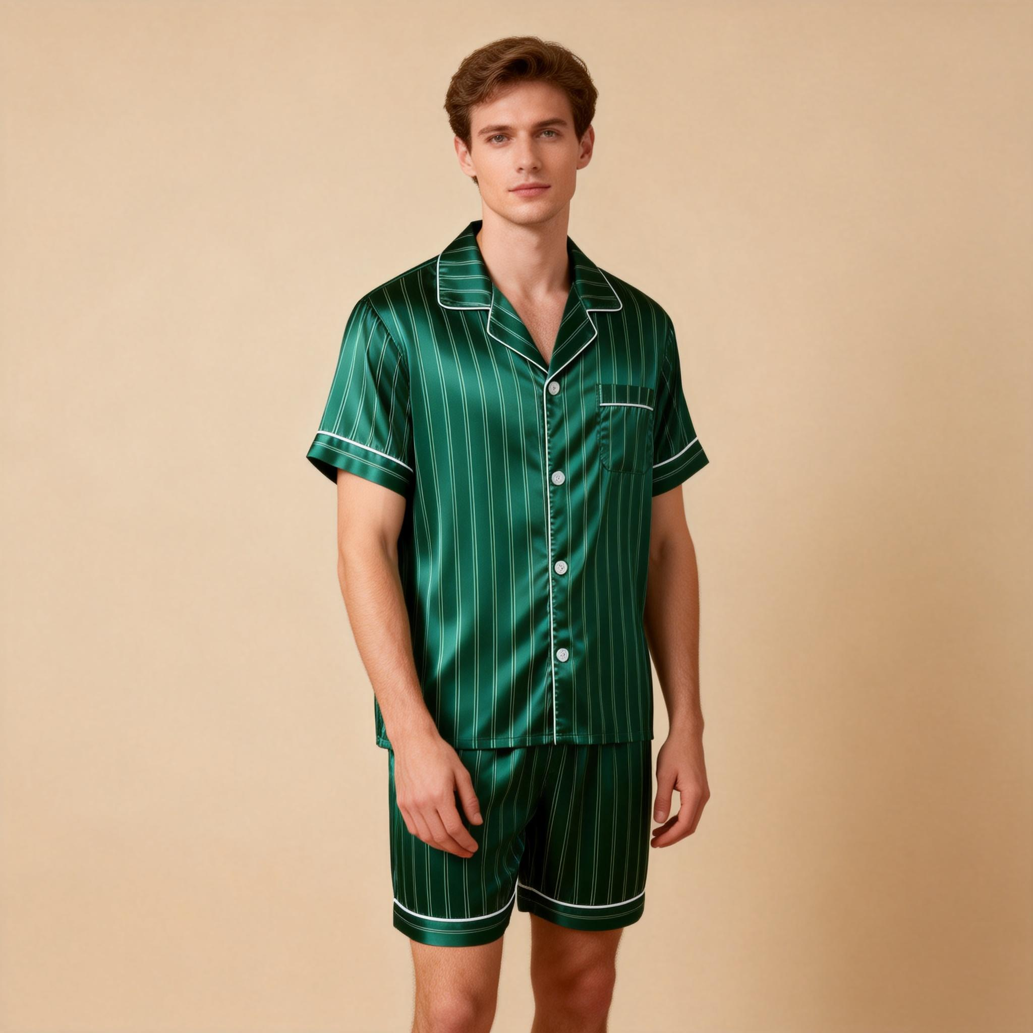 Silky Satin Striped Printed Sleep Set for Men-Dark Green