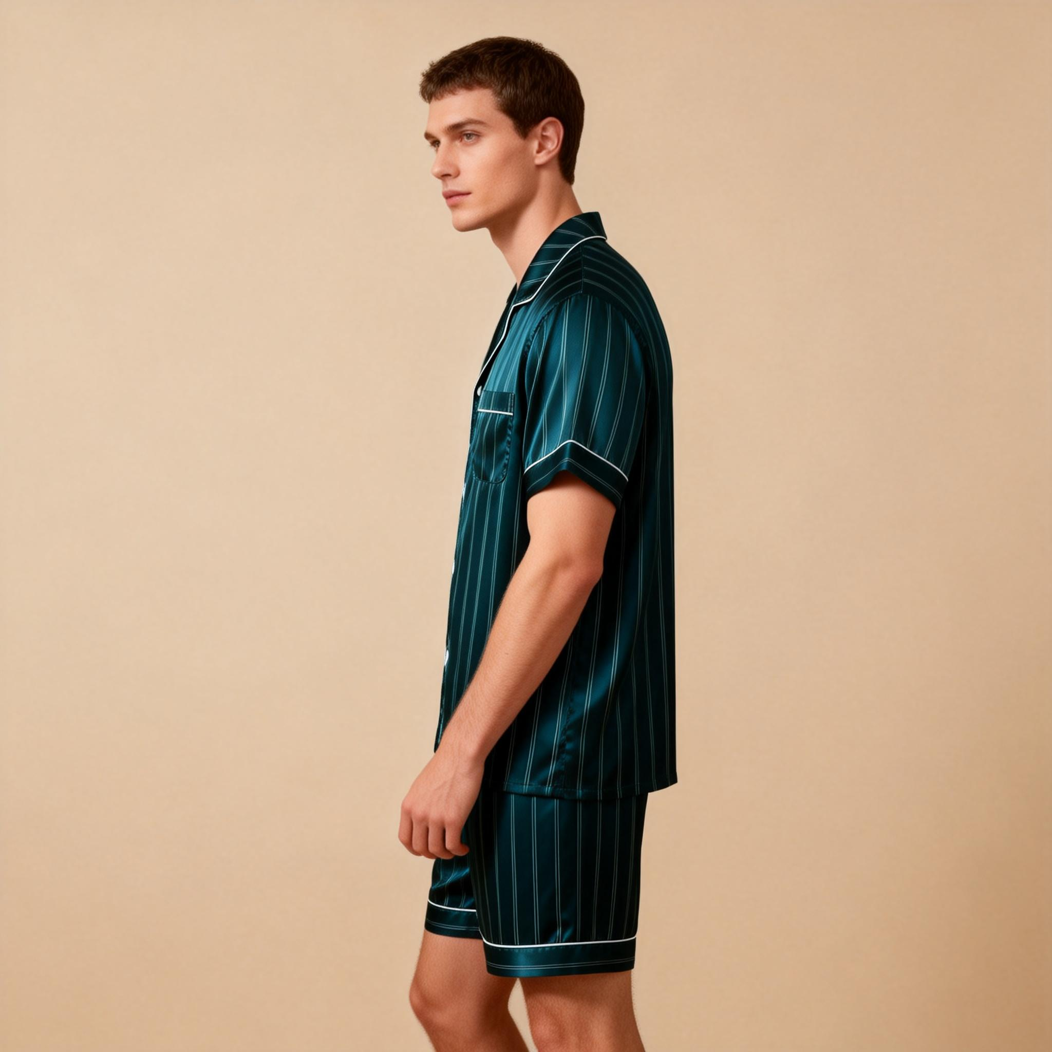 Silky Satin Striped Printed Sleep Set for Men-Dark Green