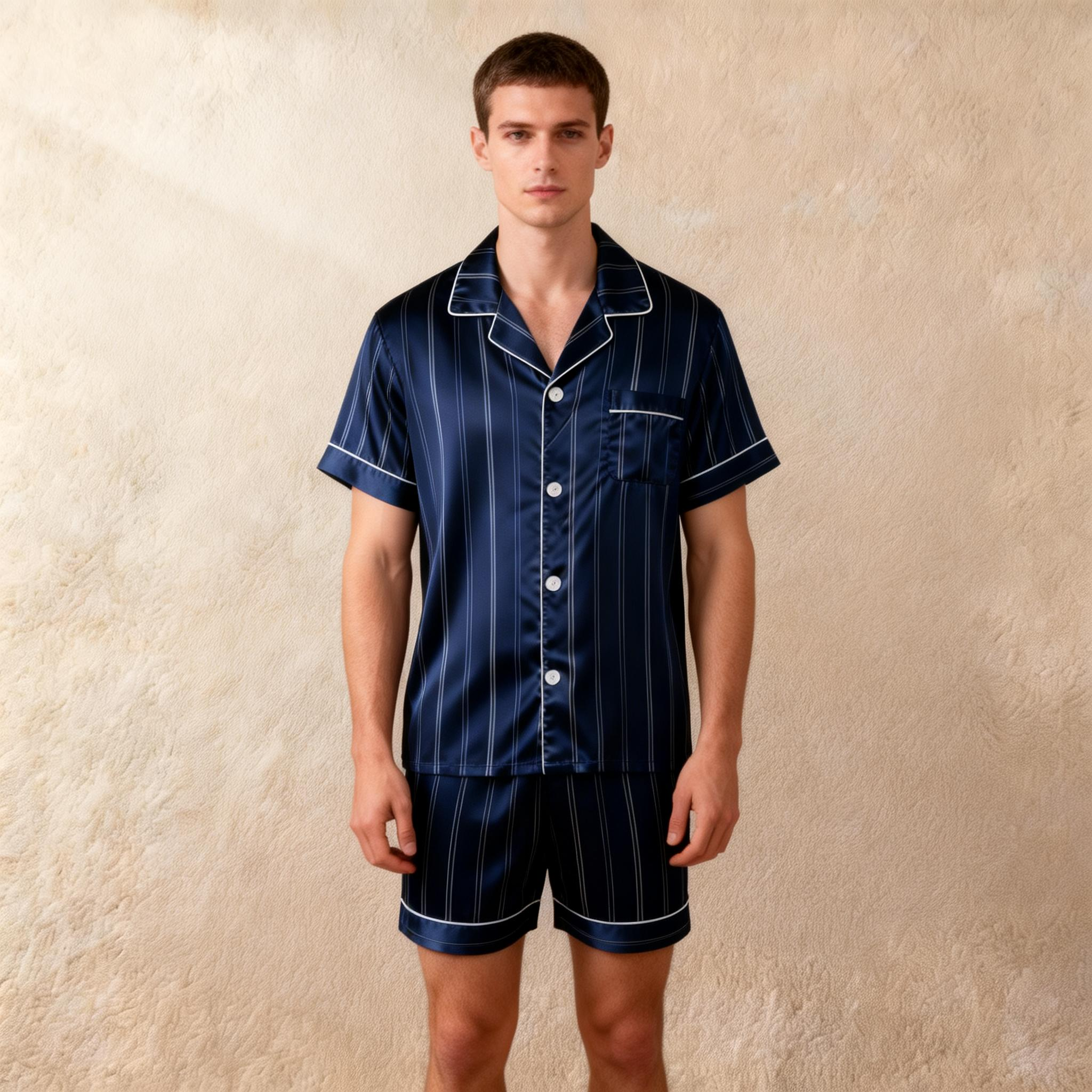 Silky Satin Striped Printed Sleep Set for Men-Purple