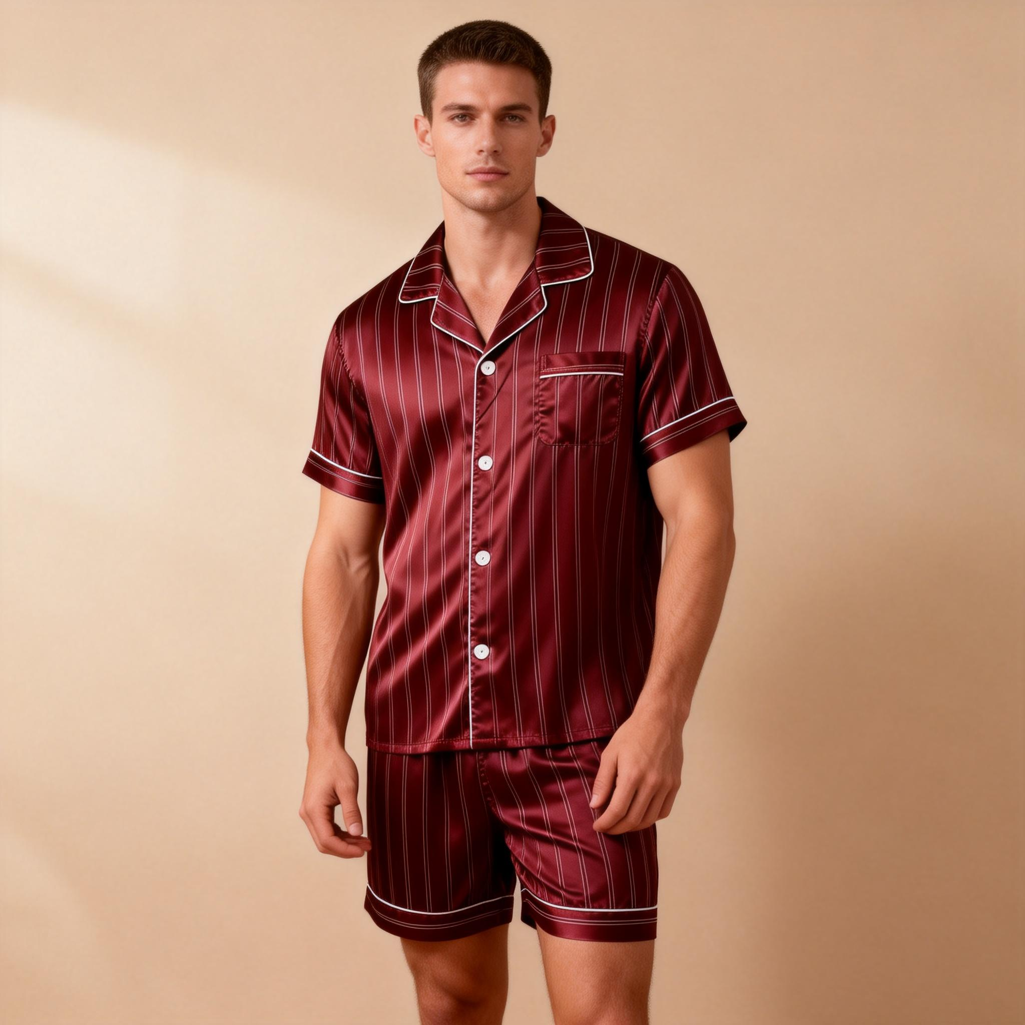 Silky Satin Striped Printed Sleep Set for Men-Royal