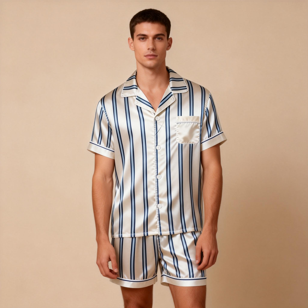 Silky Classic Striped Printed Satin Short Pajama Set-Navy