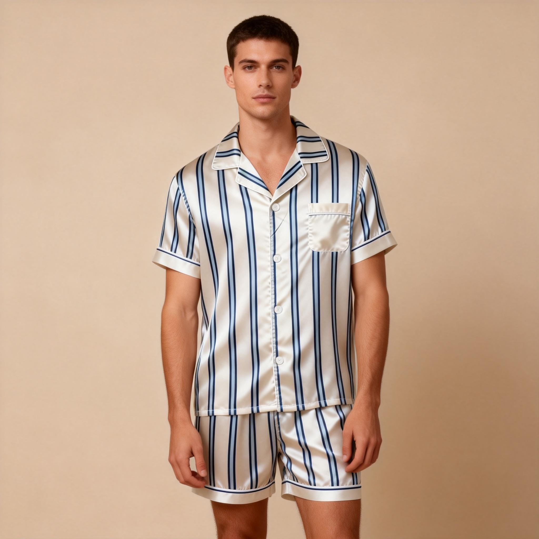 Silky Classic Striped Printed Men Sleepwear Satin Short Pajama Set