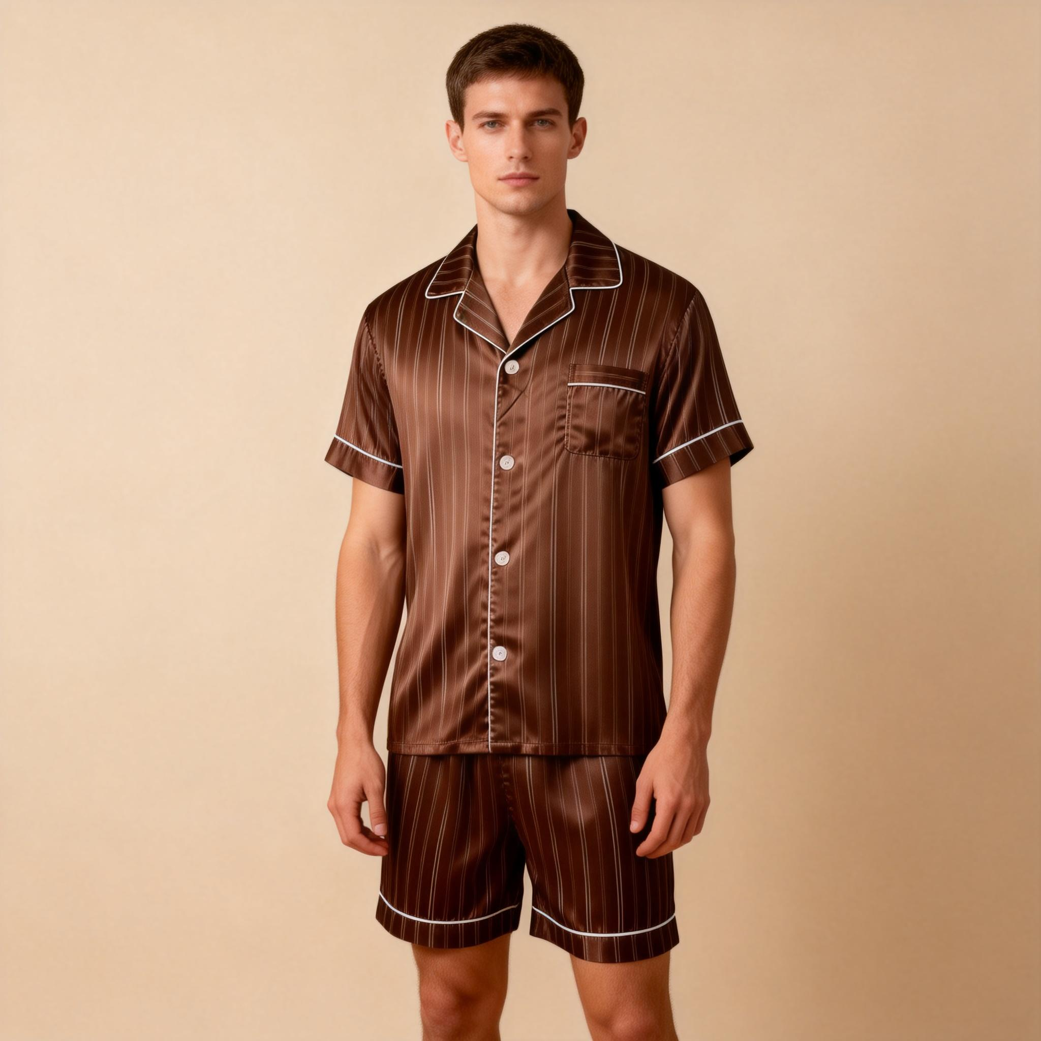 Silky Satin Striped Printed Sleep Set for Men-Royal