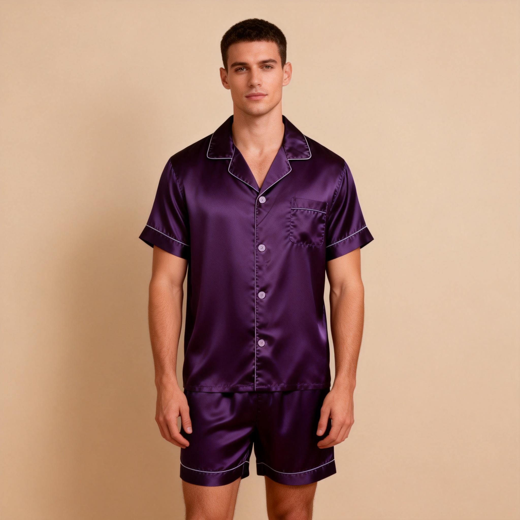 Silky Satin Solid Sleep Set for Men-Burgundy