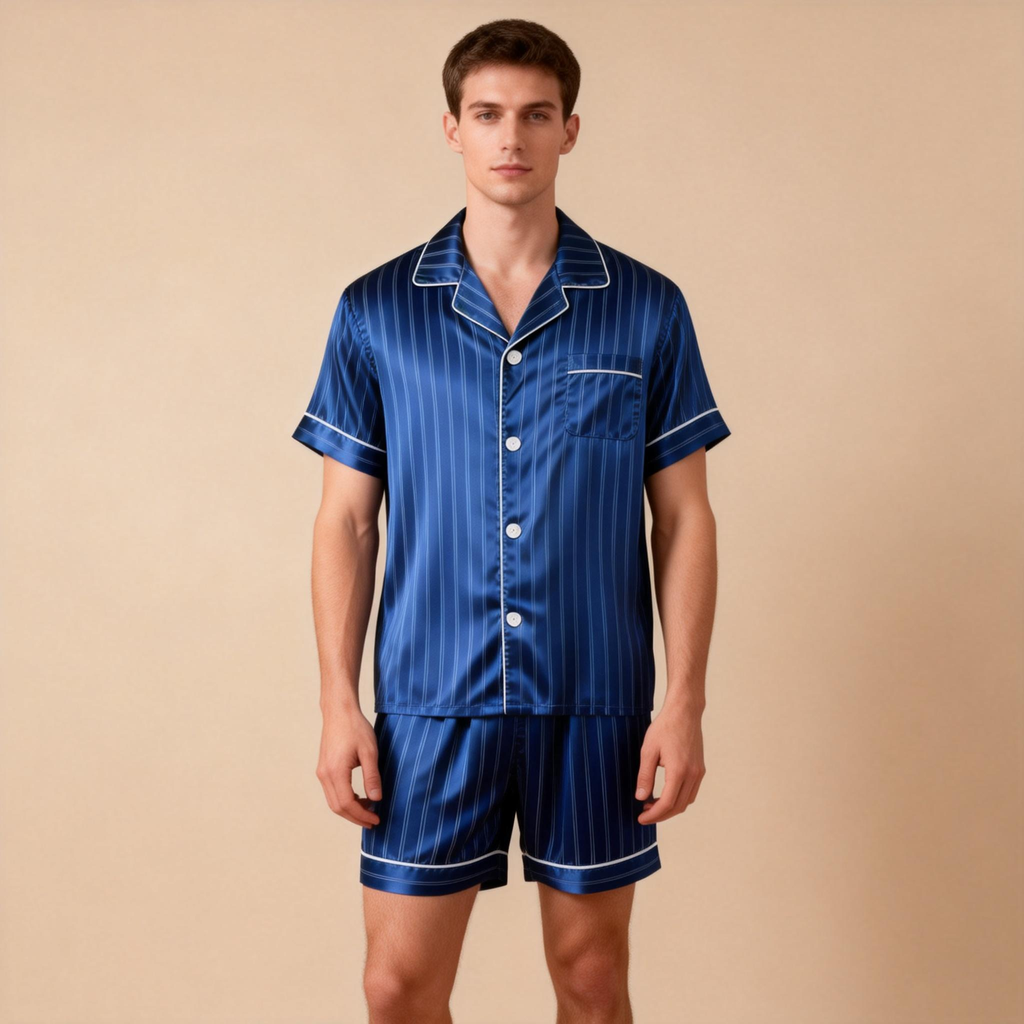 Silky Satin Striped Printed Sleep Set for Men-Royal
