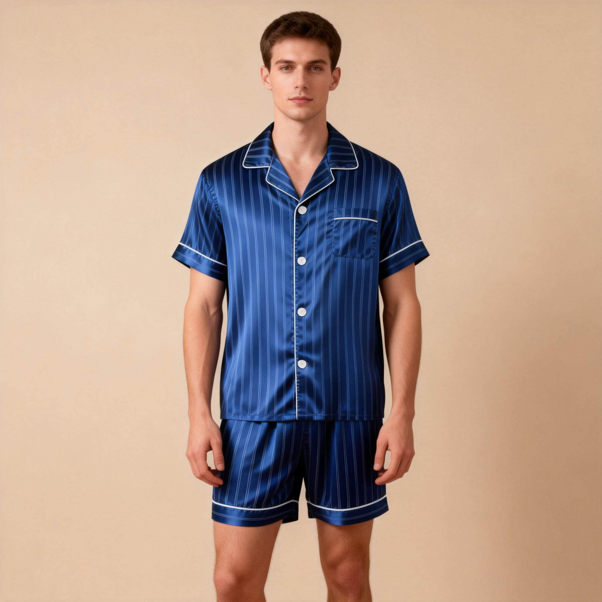 Silky Satin Striped Printed Sleep Set for Men-Royal