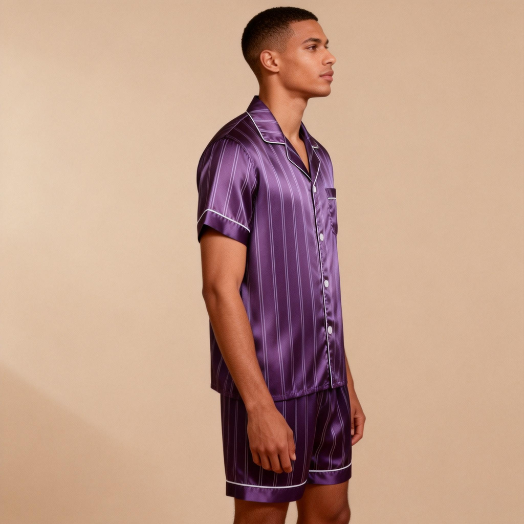 Silky Satin Striped Printed Sleep Set for Men-Dark Green
