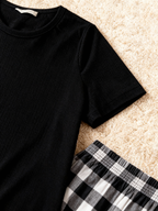 Strong Than The StrongText Printed Black Short Sleeve and Black&White Plaid Pants Family Matching Pajamas Set