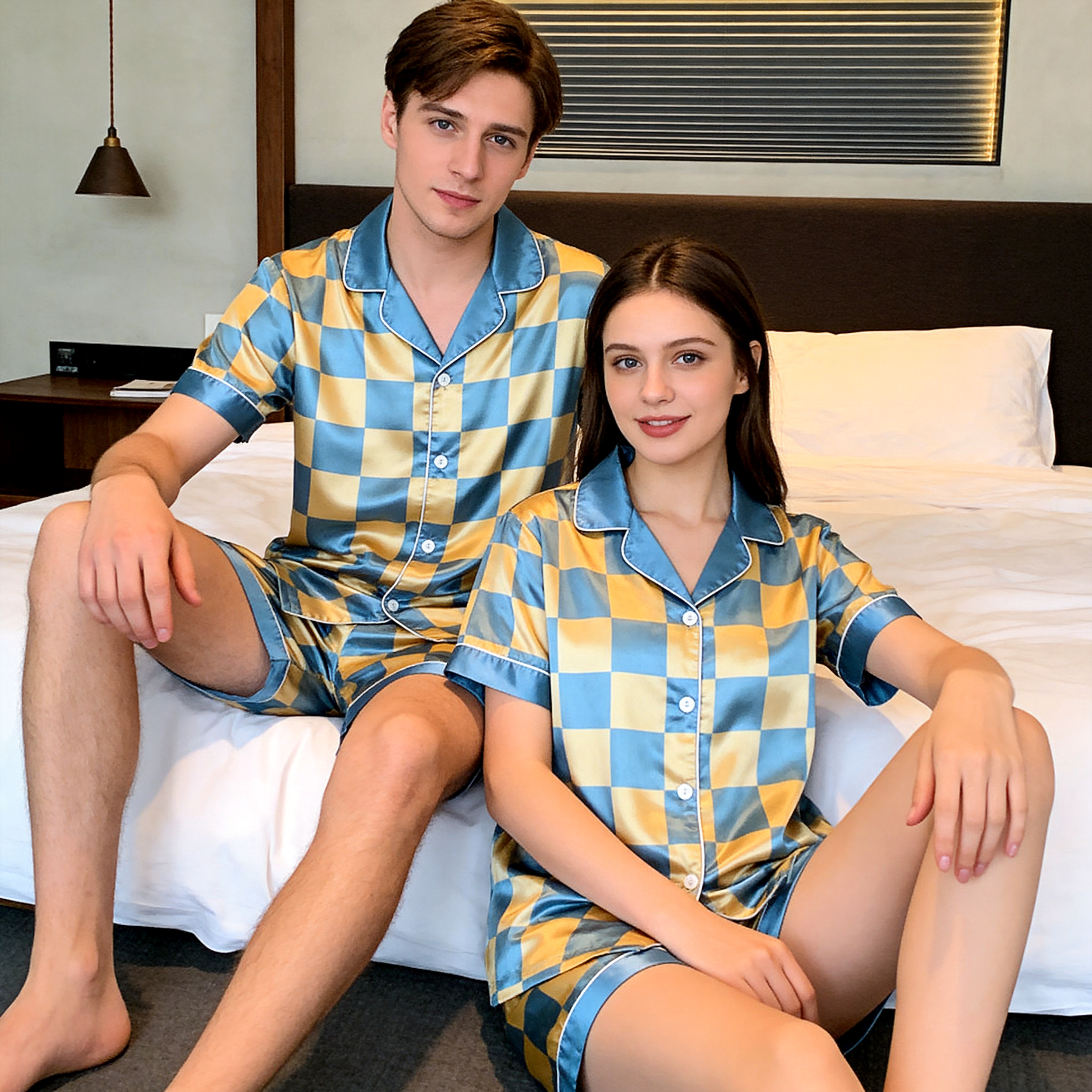 Classic Satin Plaid Pattern Short Sleeve Couple Pajamas for Summer