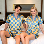 Classic Satin Plaid Pattern Short Sleeve Couple Pajamas for Summer