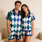 Green & Blue Plaid Design Satin Solid Sleepwear ¨C Understated Luxury Couple Set