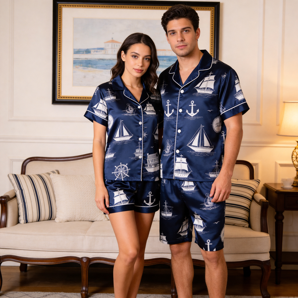 Smooth Satin Vintage Design Sleepwear ¨C Casual Couple Pajamas