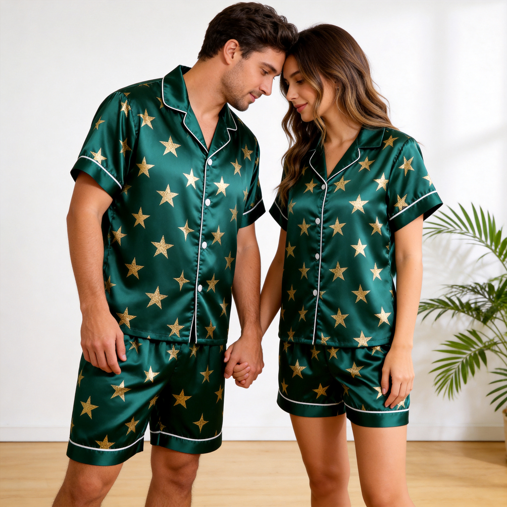 Elegant Stars Print Satin Sleepwear ¨C Understated Luxury Couple Set