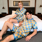 Classic Satin Plaid Pattern Short Sleeve Couple Pajamas for Summer