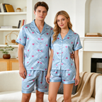 Satin Print Light Blue Pajama Set ¨C Unique Couple Sleepwear