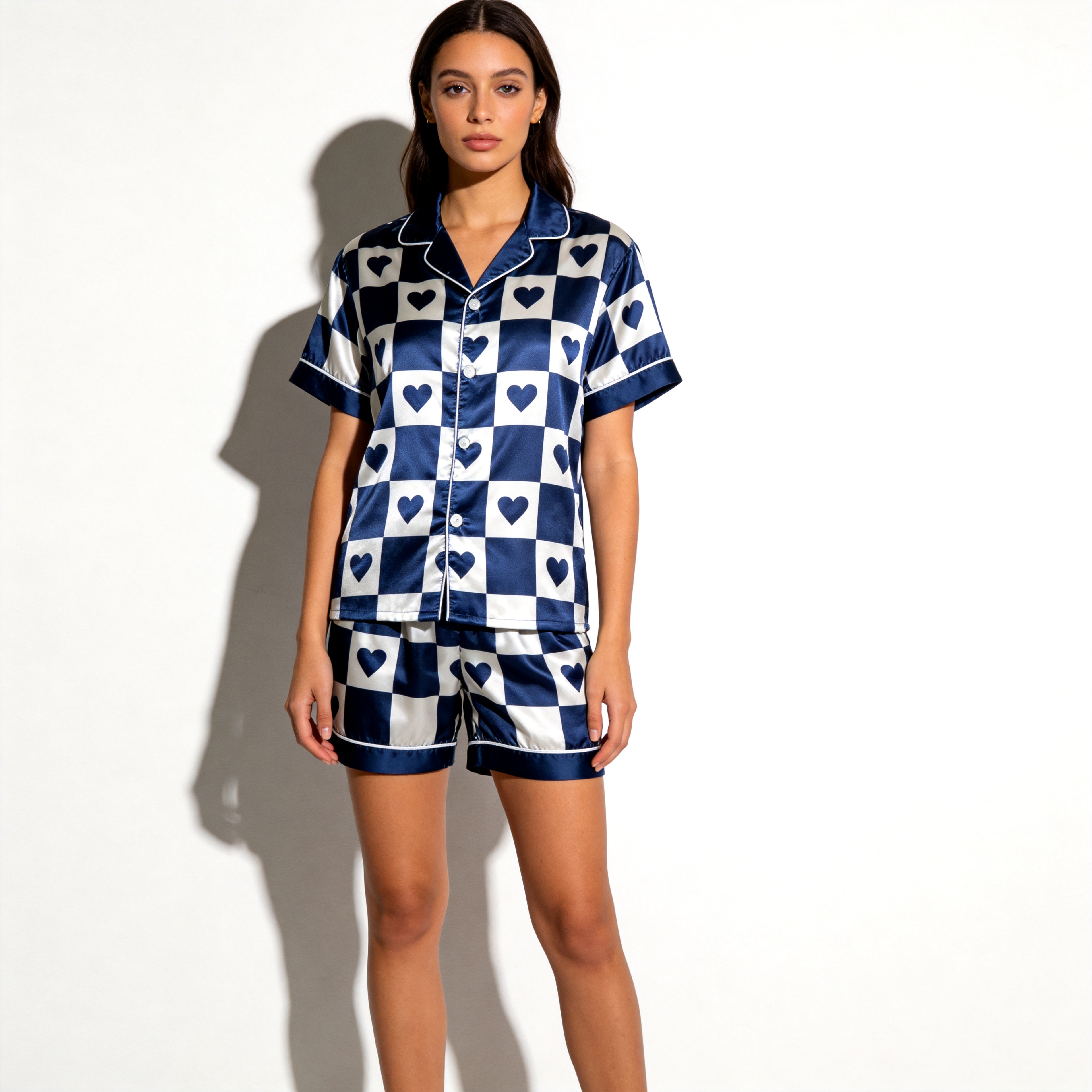 Elegant Navy Plaid Satin Sleepwear ¨C Understated Luxury Couple Set
