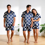 Elegant Navy Plaid Satin Sleepwear ¨C Understated Luxury Couple Set