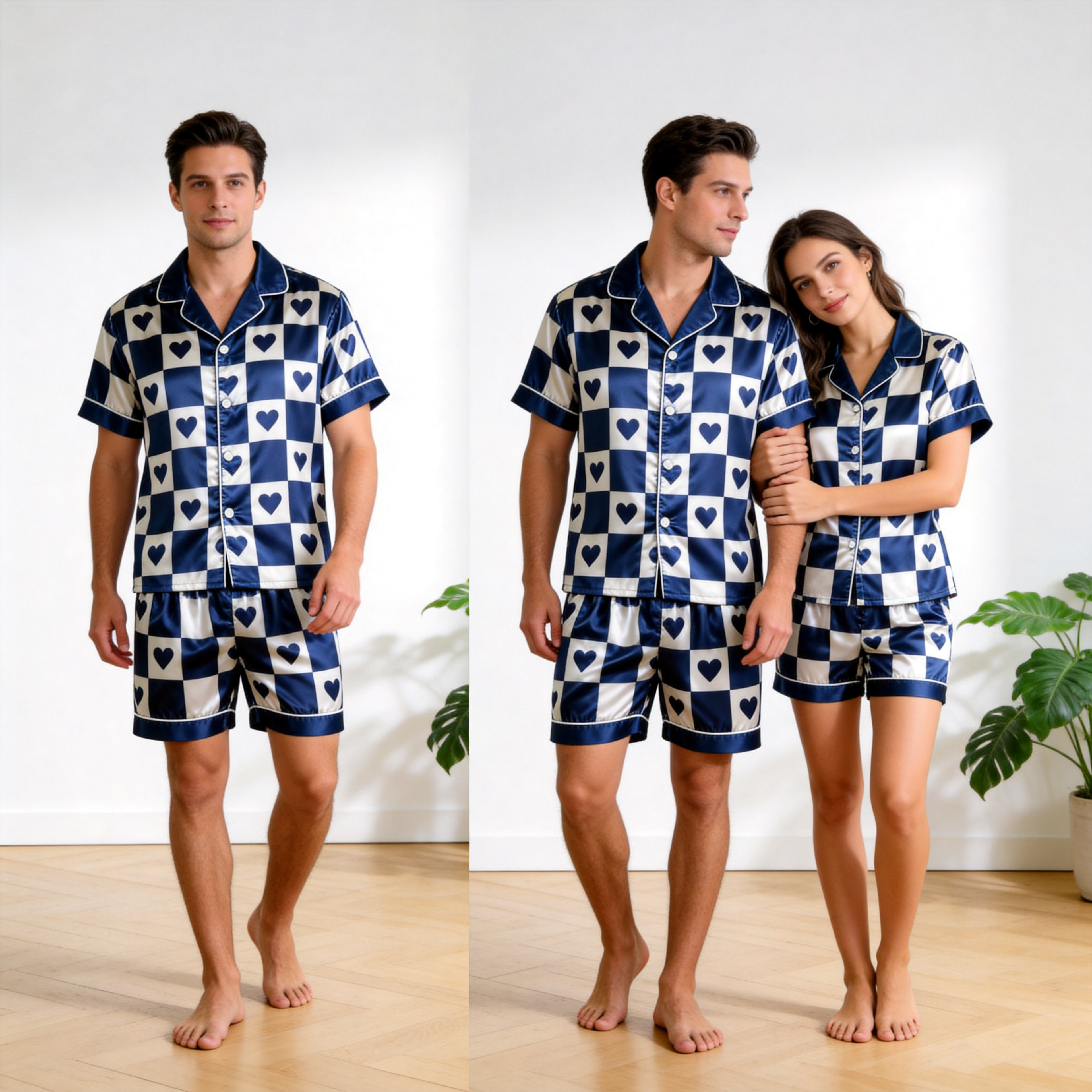 Elegant Navy Plaid Satin Sleepwear ¨C Understated Luxury Couple Set