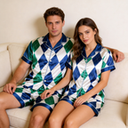 Green & Blue Plaid Design Satin Solid Sleepwear ¨C Understated Luxury Couple Set