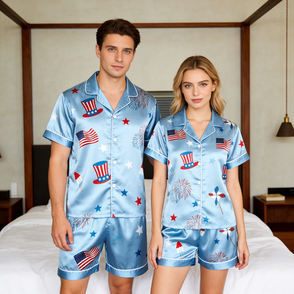 Silky Satin Cute Print Pajama Set ¨C Classic Couple Sleepwear