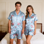 Silky Satin Bloom Print Pajama Set ¨C Classic Couple Sleepwear